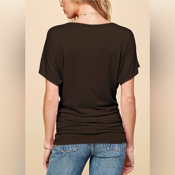 Casual Solid Short Sleeve Boat Neck Dolman Top with Side Shirring -brown - Picture 4 of 5